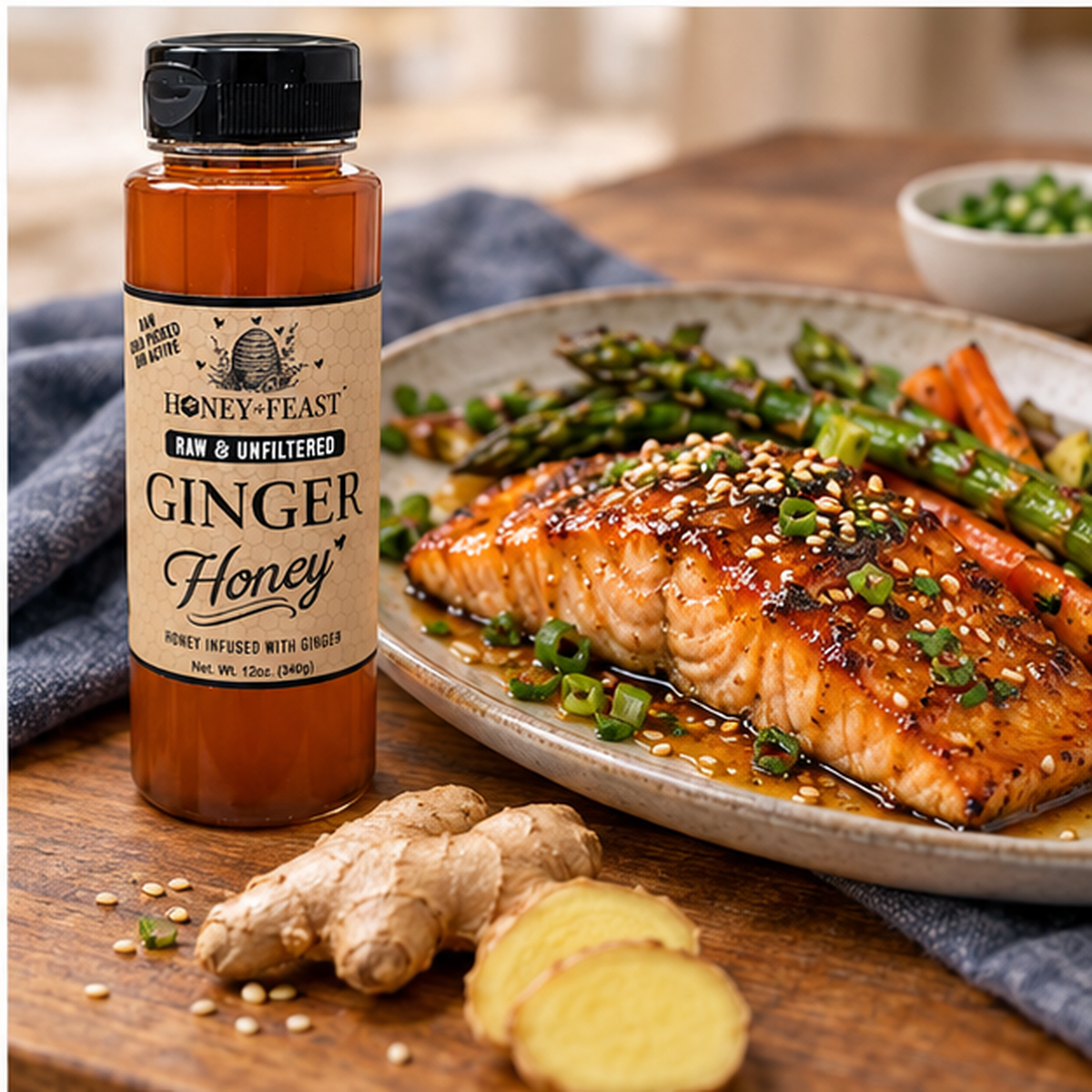 Ginger Honey 12oz plastic bottle in a second natural flavor-relevant serving scene