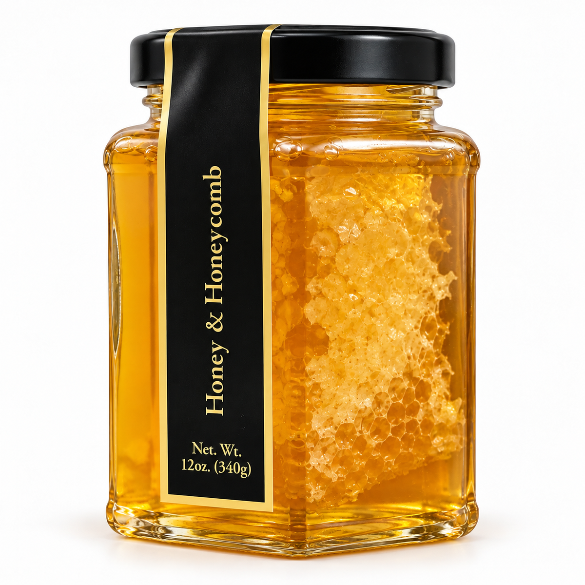 Honey and Honeycomb 12oz glass hexagon jar on a white background