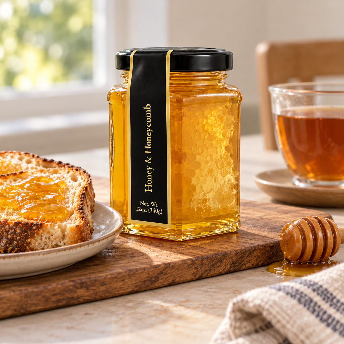 Honey and Honeycomb jar beside toast and tea