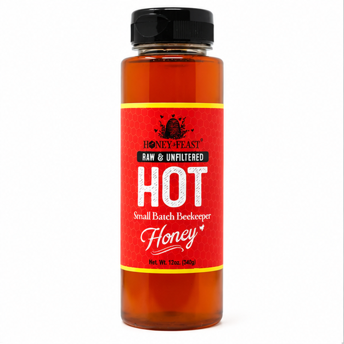 Honey Feast Hot Honey 12oz plastic squeeze bottle on a pure white background