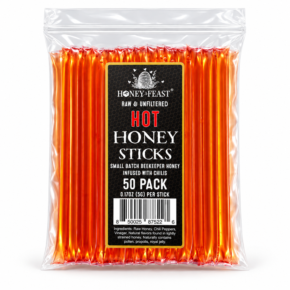 Honey Feast Hot Honey Sticks 50-pack on a pure white background