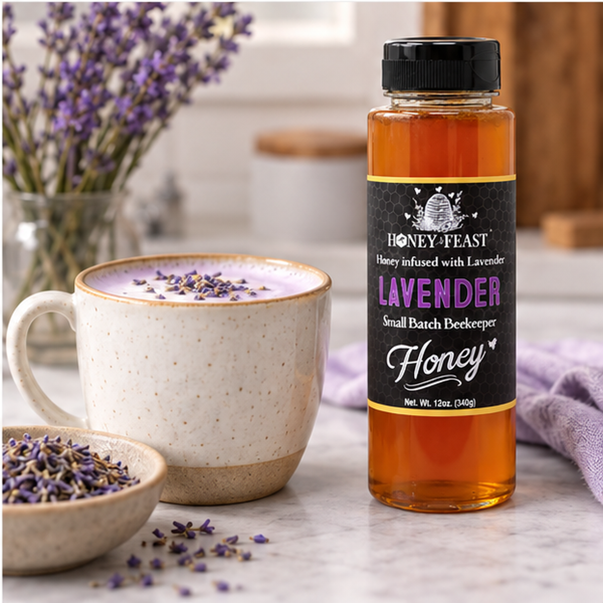 Lavender Honey 12oz plastic bottle in a second natural flavor-relevant serving scene