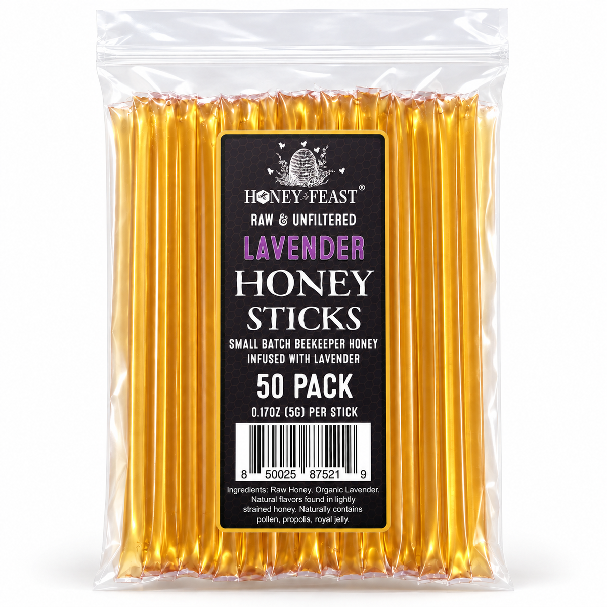 Honey Feast Lavender Honey Sticks 50-pack in a clear resealable zip-top bag on a white background
