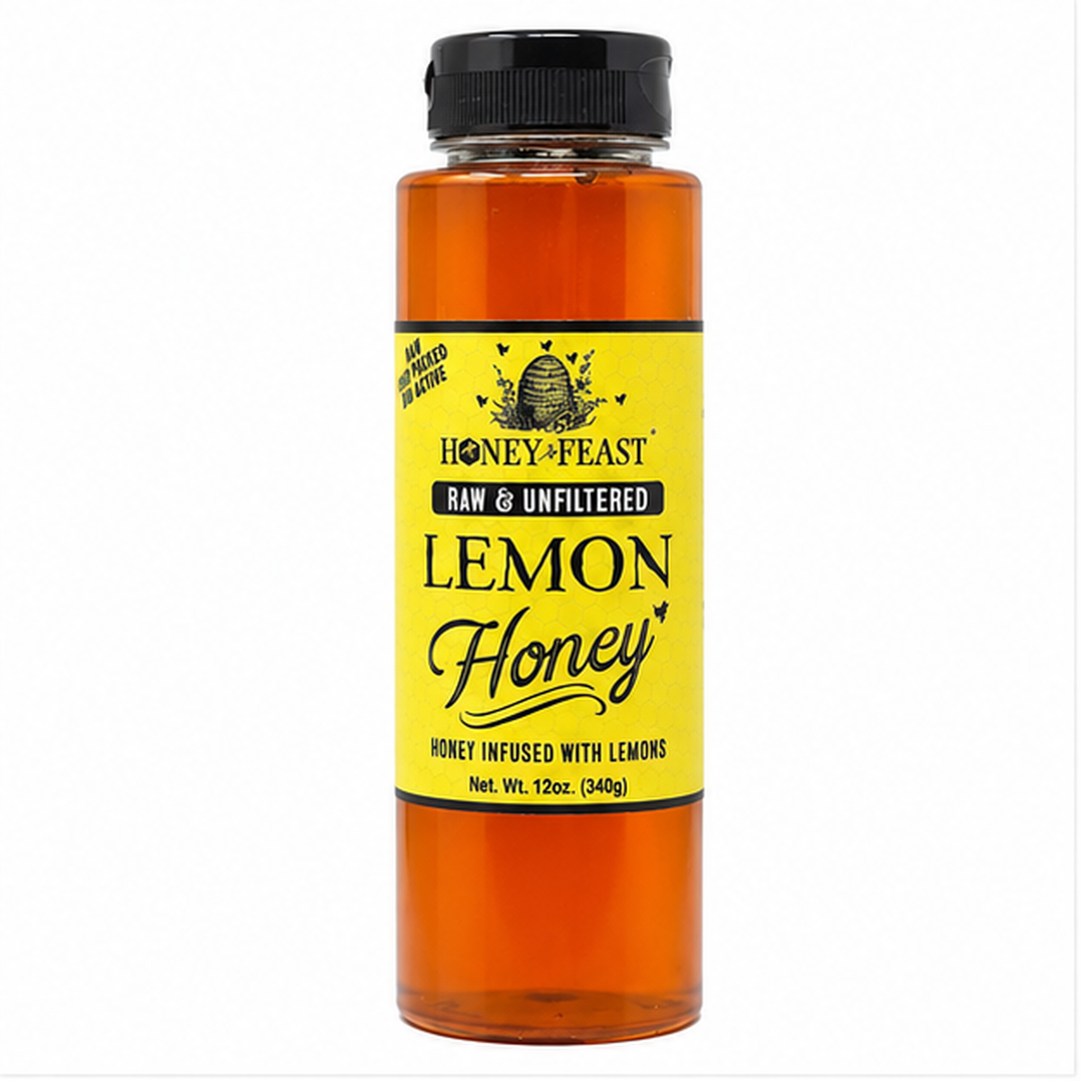Lemon Honey 12oz plastic squeeze bottle on a pure white background