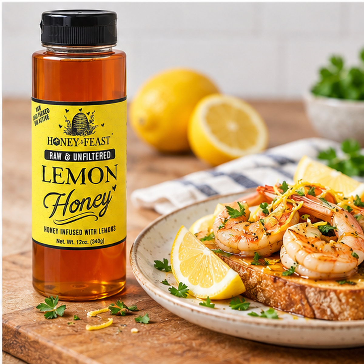 Lemon Honey 12oz plastic bottle in a second natural flavor-relevant serving scene