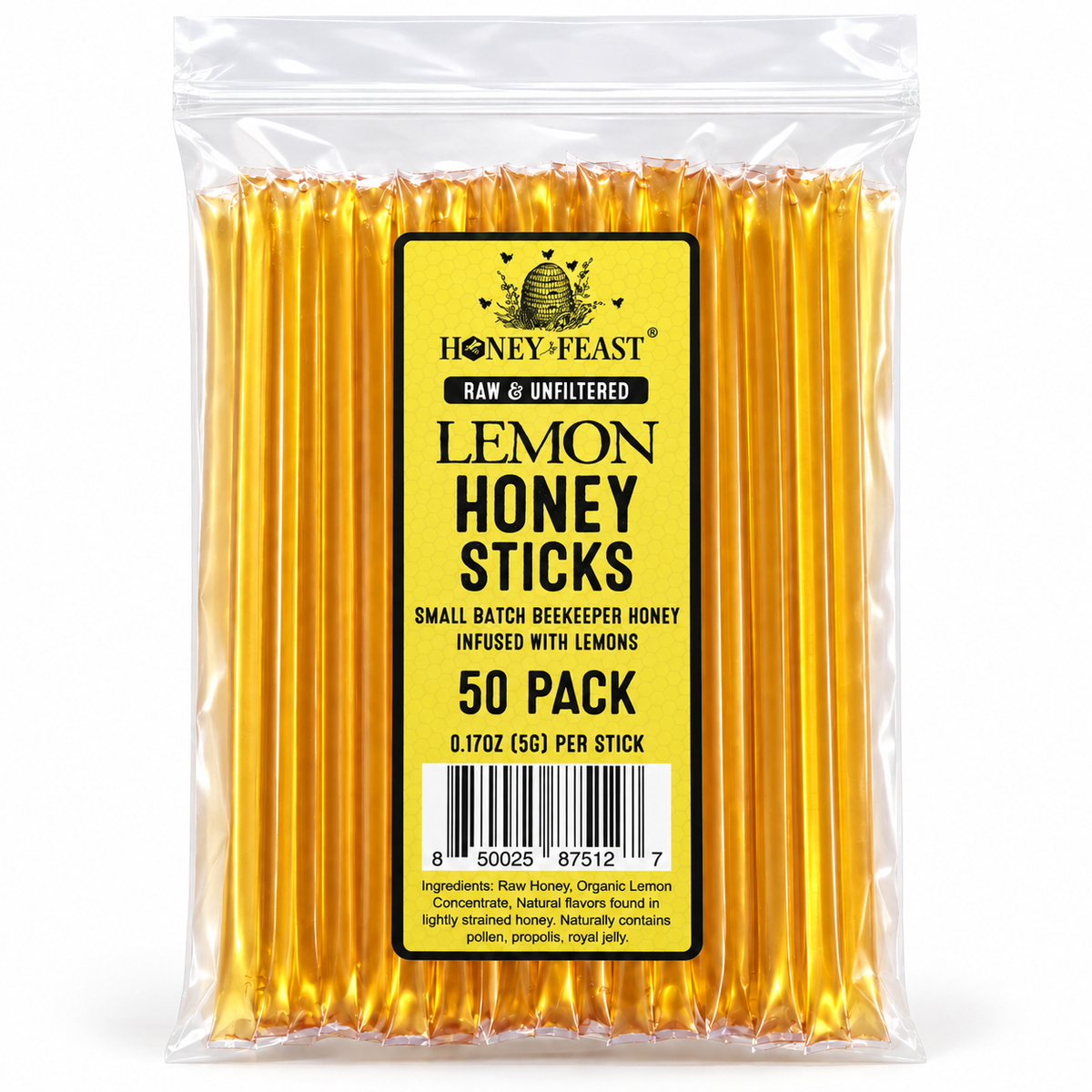 Honey Feast Lemon Honey Sticks 50-pack in a clear resealable zip-top bag on a white background