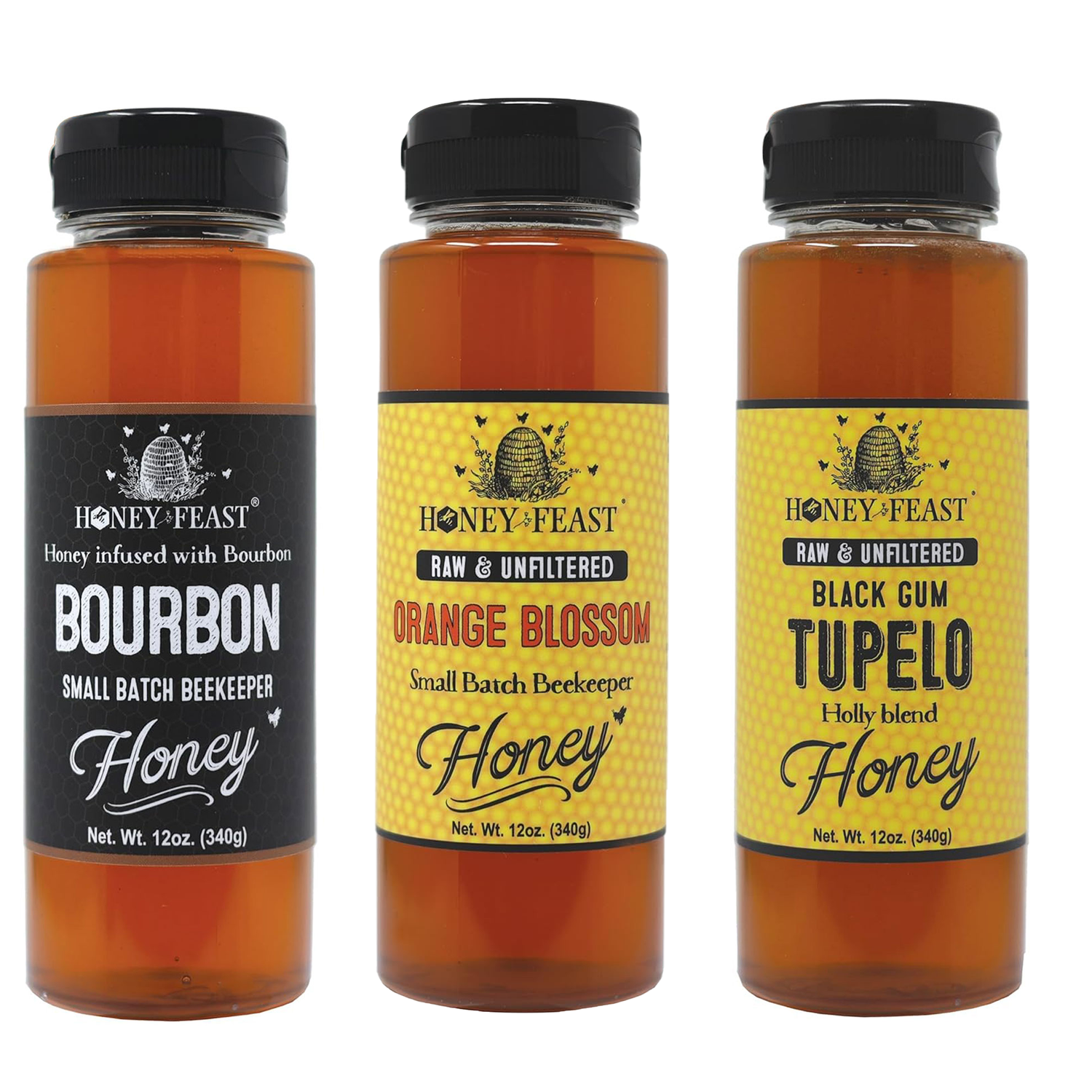 Best Sellers Trio – Includes 12oz Black Gum Tupelo, Orange Blossom & Bourbon Infused Honey