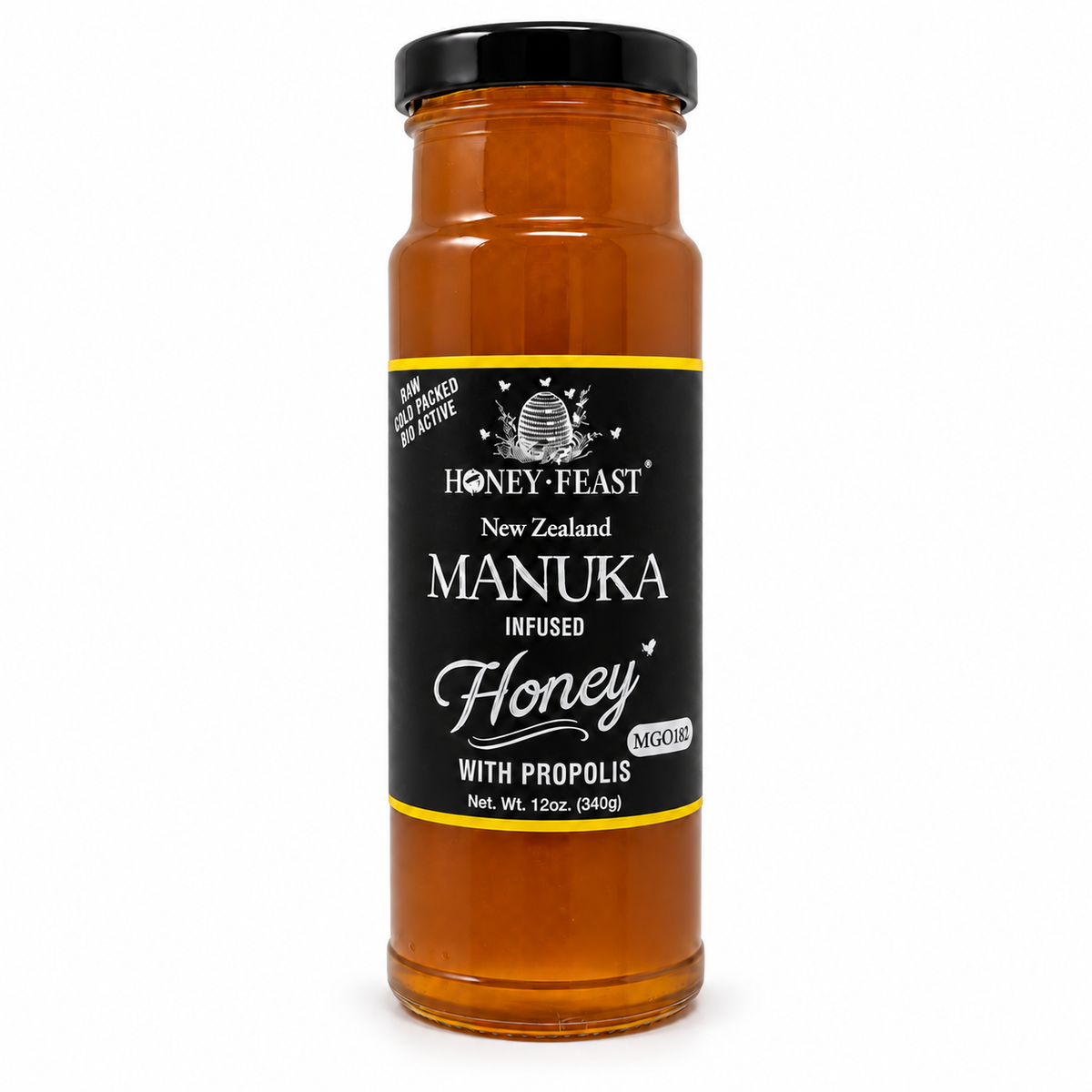 Honey Feast Manuka Infused Honey with Propolis, 12oz glass jar with black lid