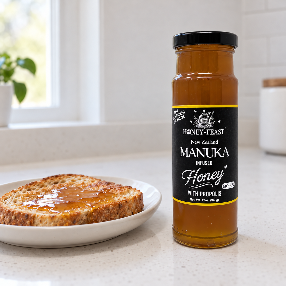 Honey Feast Manuka infused honey with propolis, 12oz glass jar served with toast