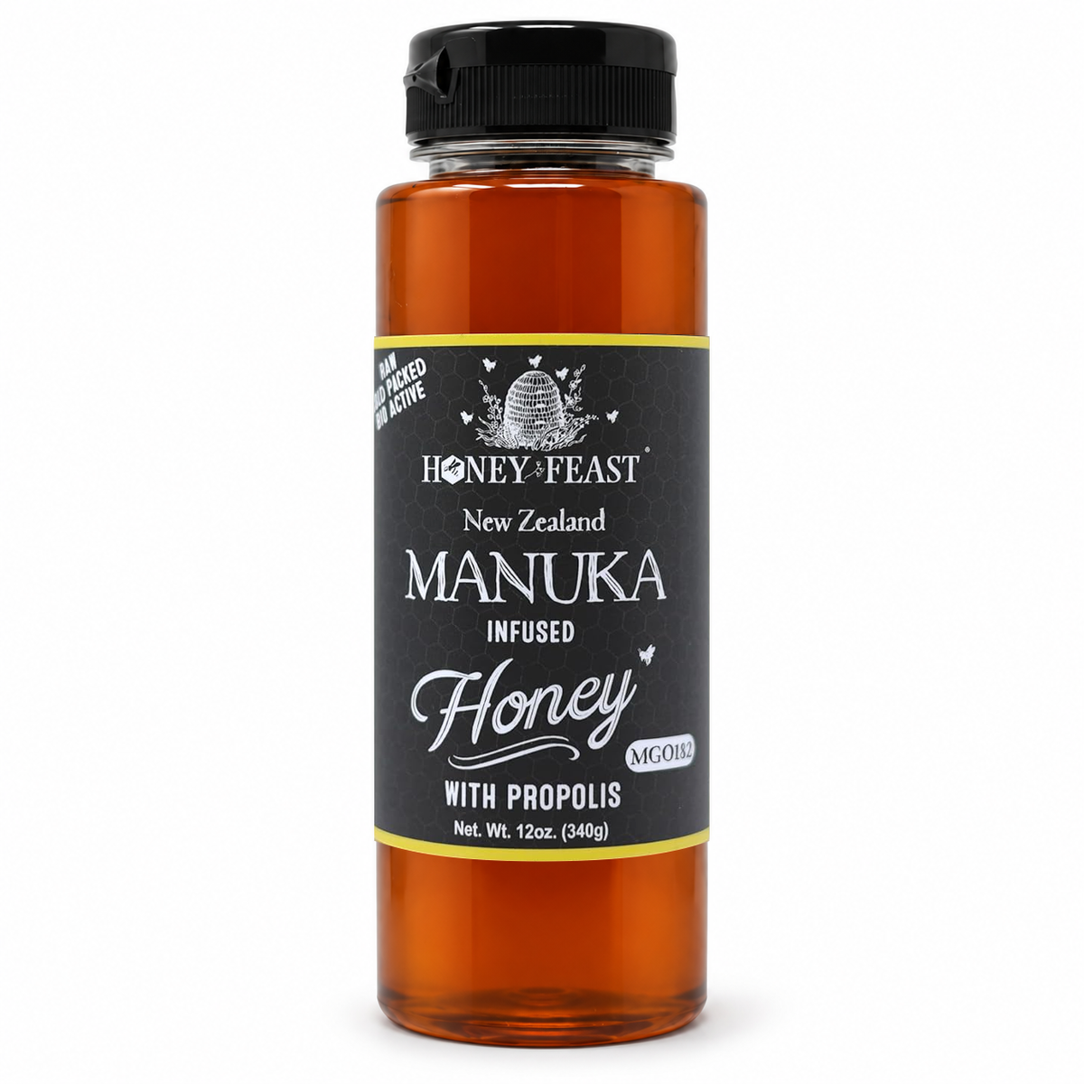 Honey Feast Manuka Infused Honey with Propolis in a tall 12oz plastic squeeze bottle with its original black label and black flip-top cap, on a white background