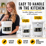 Honey Feast Manuka 2-gallon bucket handling infographic comparing 24 pounds of honey in a 10-inch-tall bucket with 60 pounds in a 15-inch-tall 5-gallon bucket.