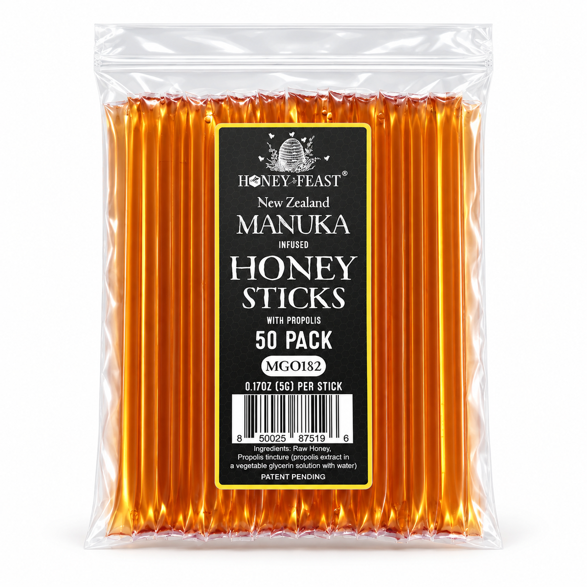 Honey Feast Manuka and Propolis Honey Sticks 50-pack on a pure white background