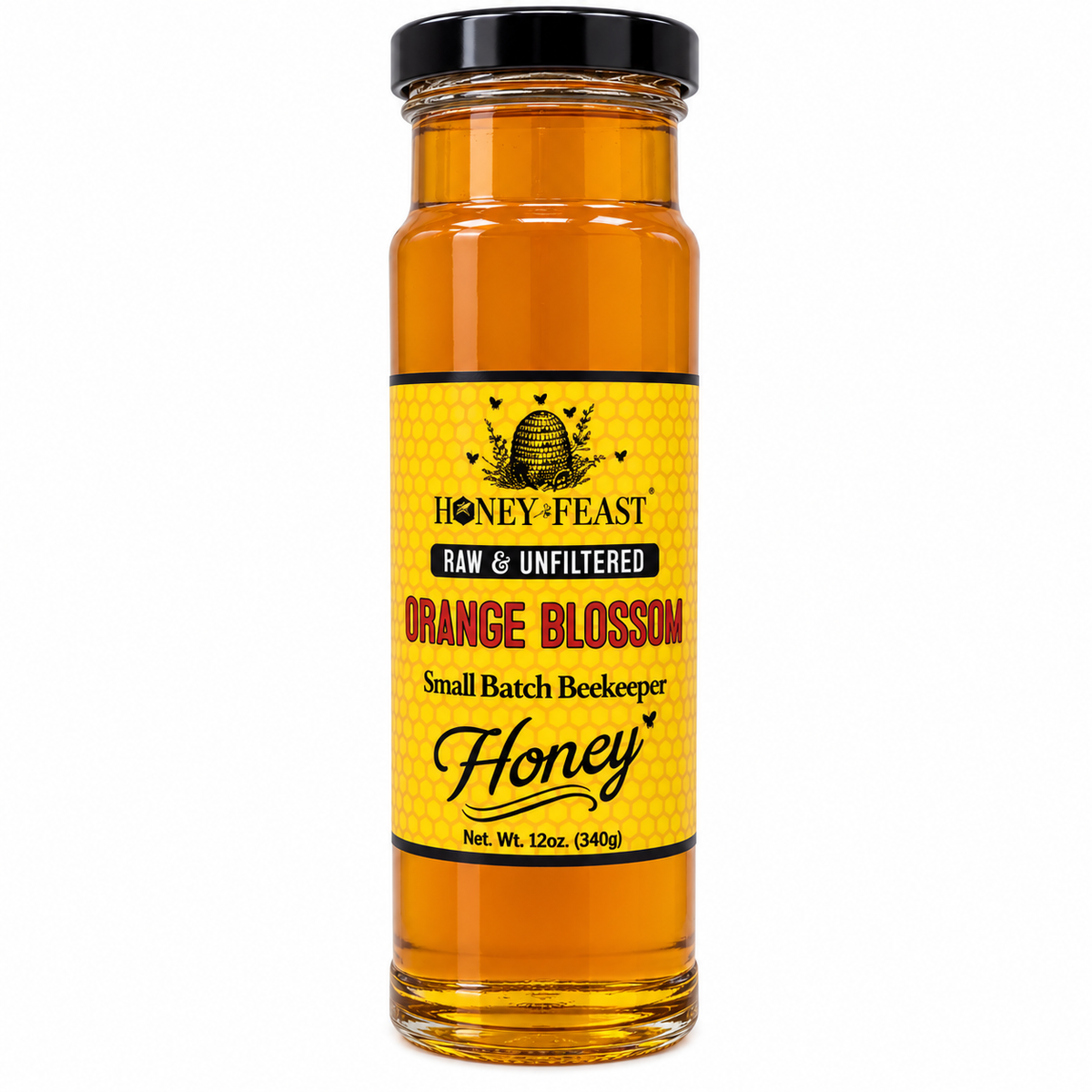 Honey Feast Raw Orange Blossom Honey in a 12oz glass jar with black lid