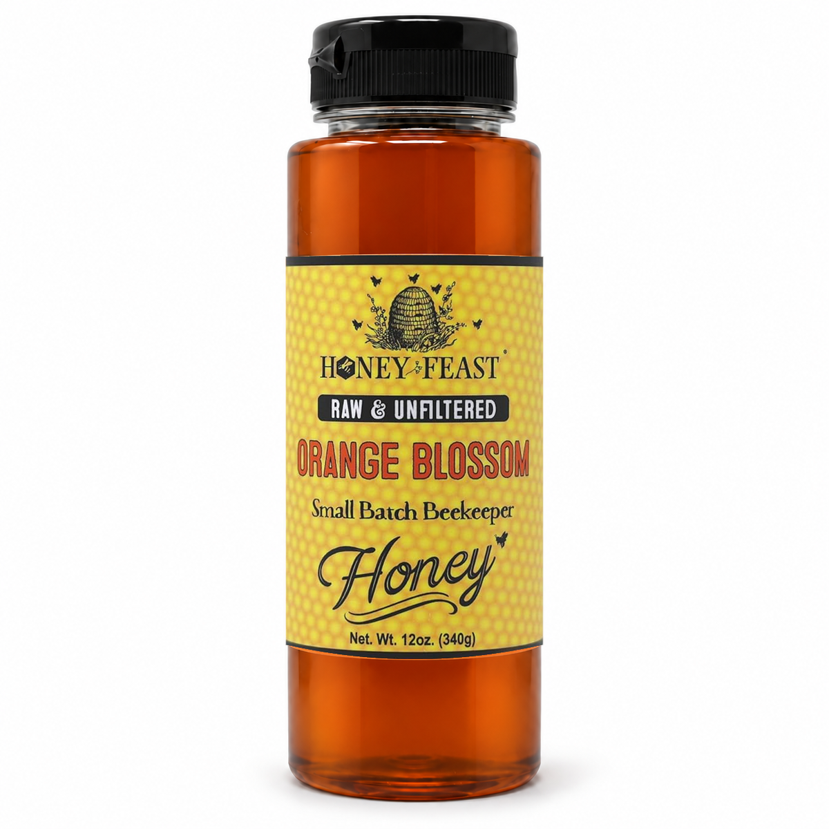Honey Feast Orange Blossom Honey 12oz plastic squeeze bottle with the original yellow honeycomb label, on a white background