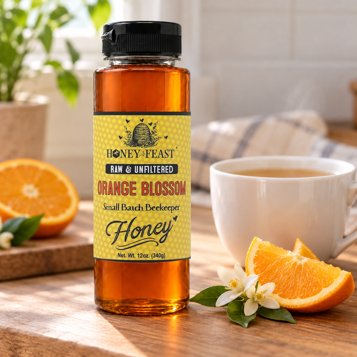 Honey Feast Orange Blossom Honey 12oz plastic squeeze bottle with its original yellow label beside orange slices and a cup of tea