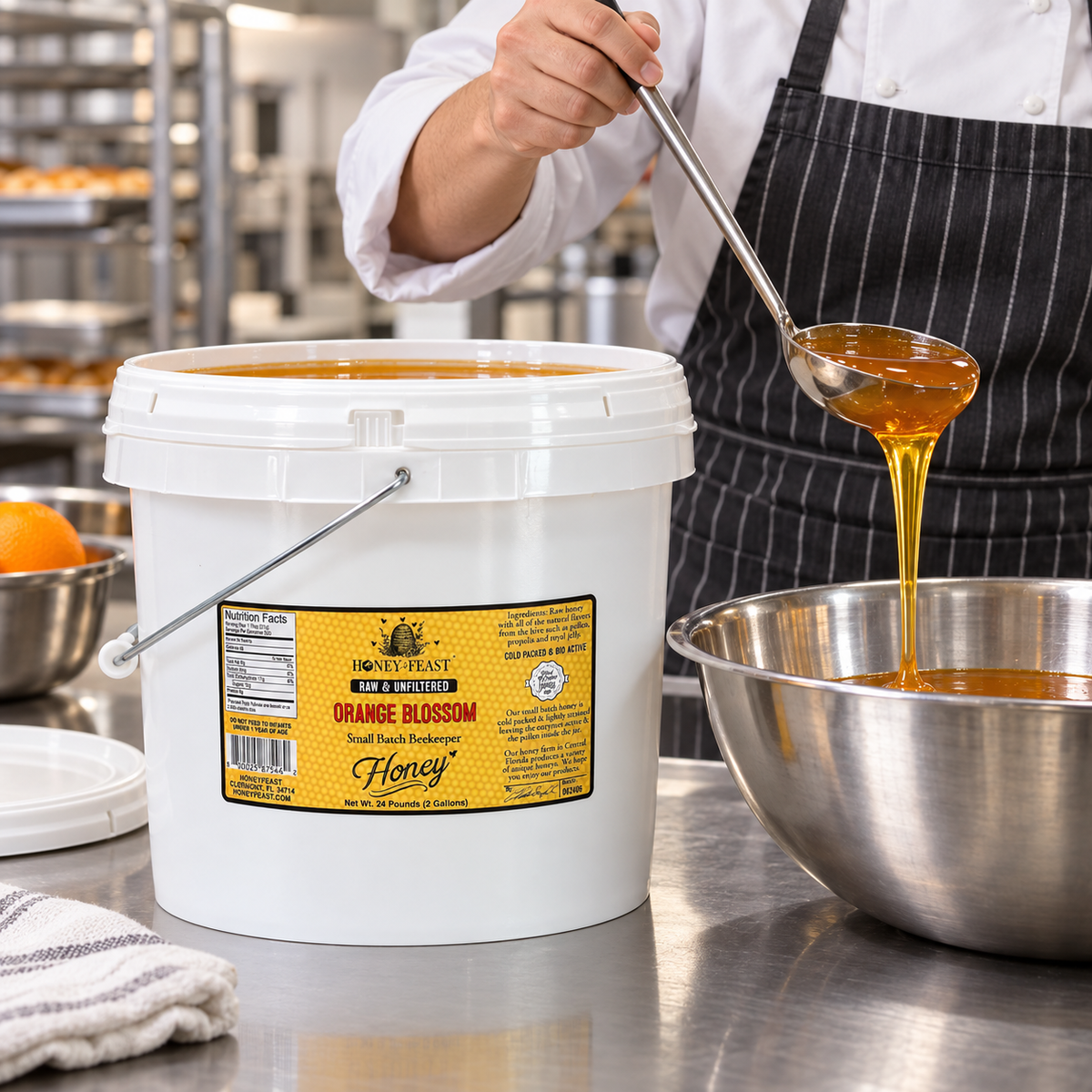 Honey Feast Orange Blossom Honey 2-gallon bucket beside a cook ladling honey into a stainless steel mixing bowl in a commercial kitchen.