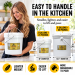 Easy to handle in the kitchen: Honey Feast Orange Blossom 2-gallon bucket containing 24 pounds of honey compared with the 5-gallon bucket containing 60 pounds, with height and diameter measurements.