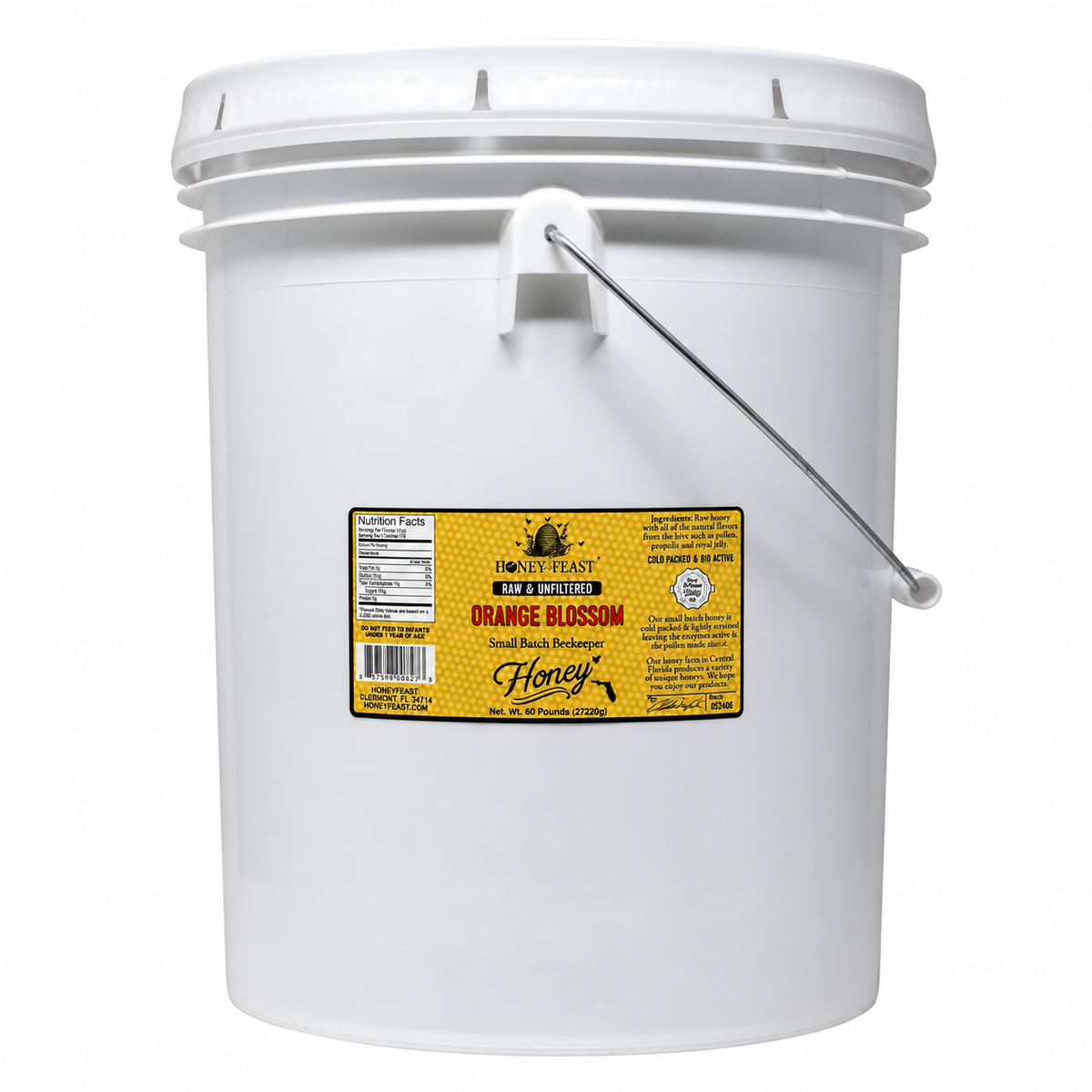 Honey Feast Orange Blossom Honey 5-gallon bucket, 60 pounds, front product image on white.