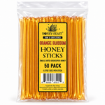 Honey Feast Orange Blossom Honey Sticks 50-pack in a clear resealable bag on a white background