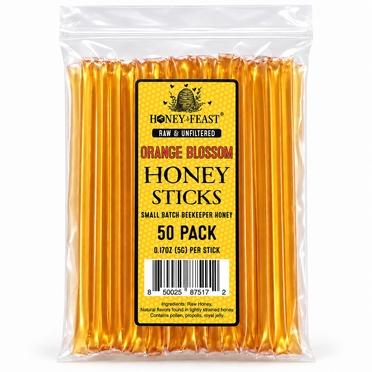 Honey Feast Orange Blossom Honey Sticks 50-pack in a clear resealable bag on a white background