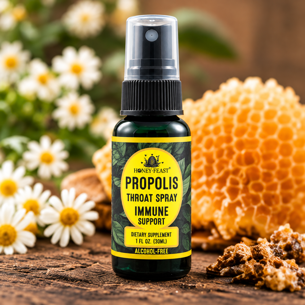 Honey Feast Propolis Throat Spray in a natural honeycomb lifestyle setting