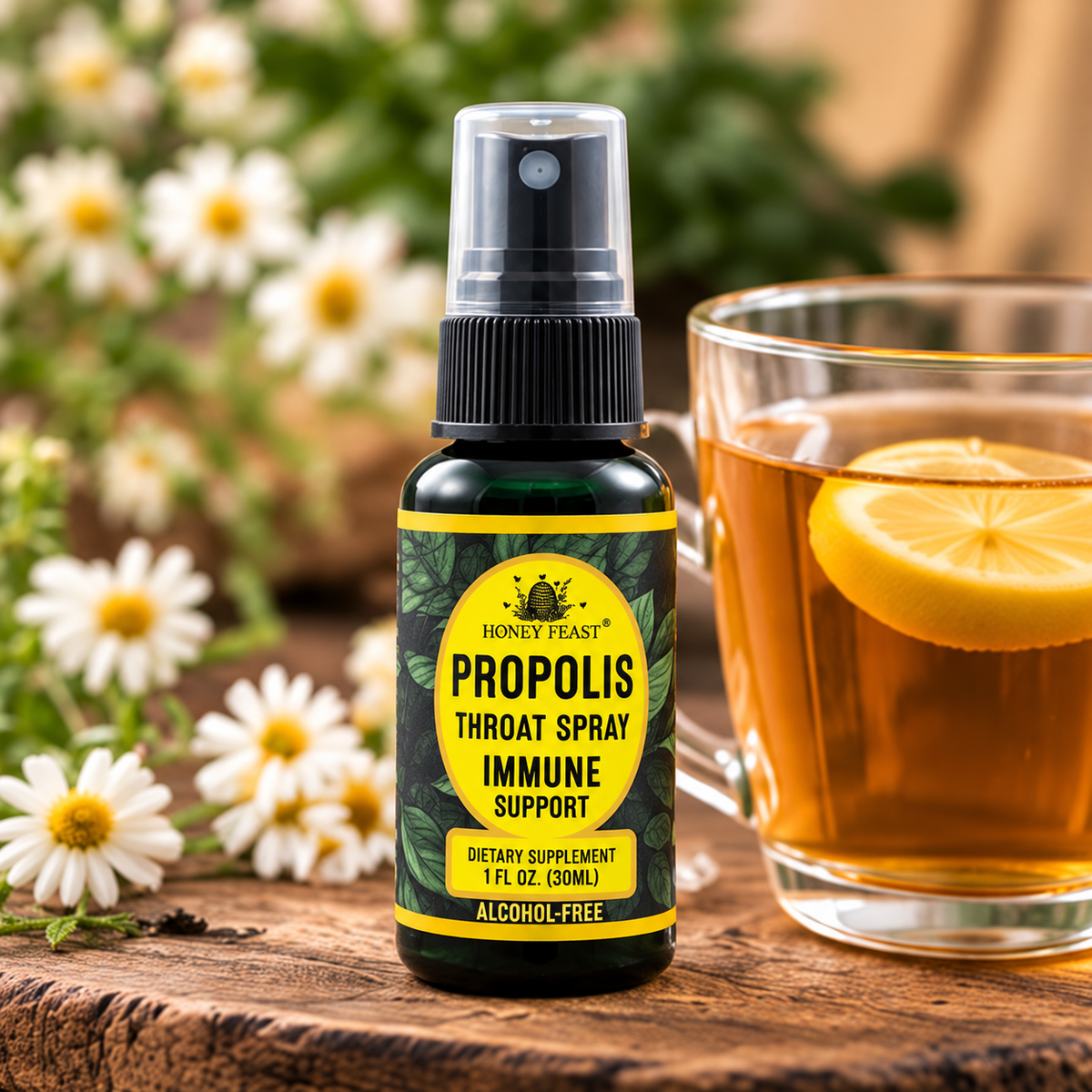 Honey Feast Propolis Throat Spray beside tea in a natural lifestyle setting