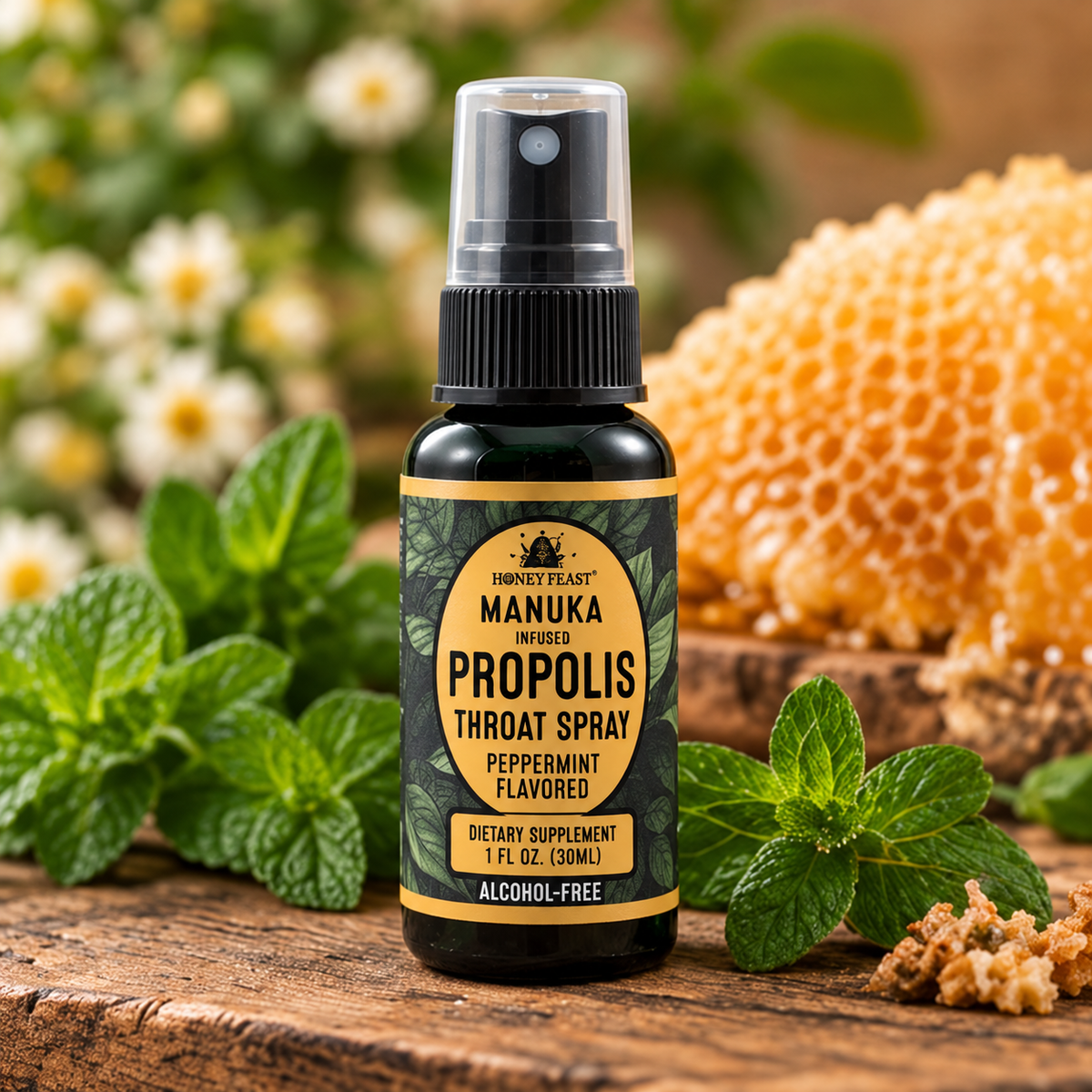 Honey Feast Manuka-Infused Peppermint Propolis Throat Spray with honeycomb and mint
