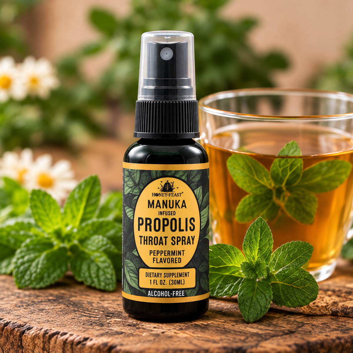 Honey Feast Manuka-Infused Peppermint Propolis Throat Spray beside tea and mint