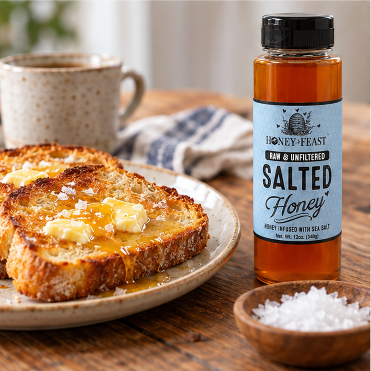Salted Honey 12oz plastic bottle in a natural flavor-relevant serving scene