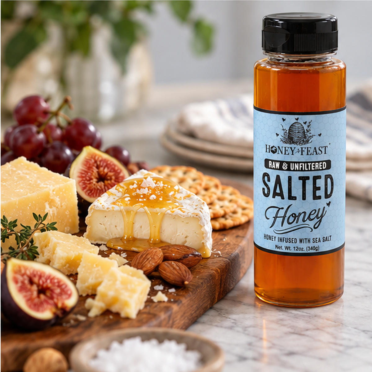Salted Honey 12oz plastic bottle in a second natural flavor-relevant serving scene
