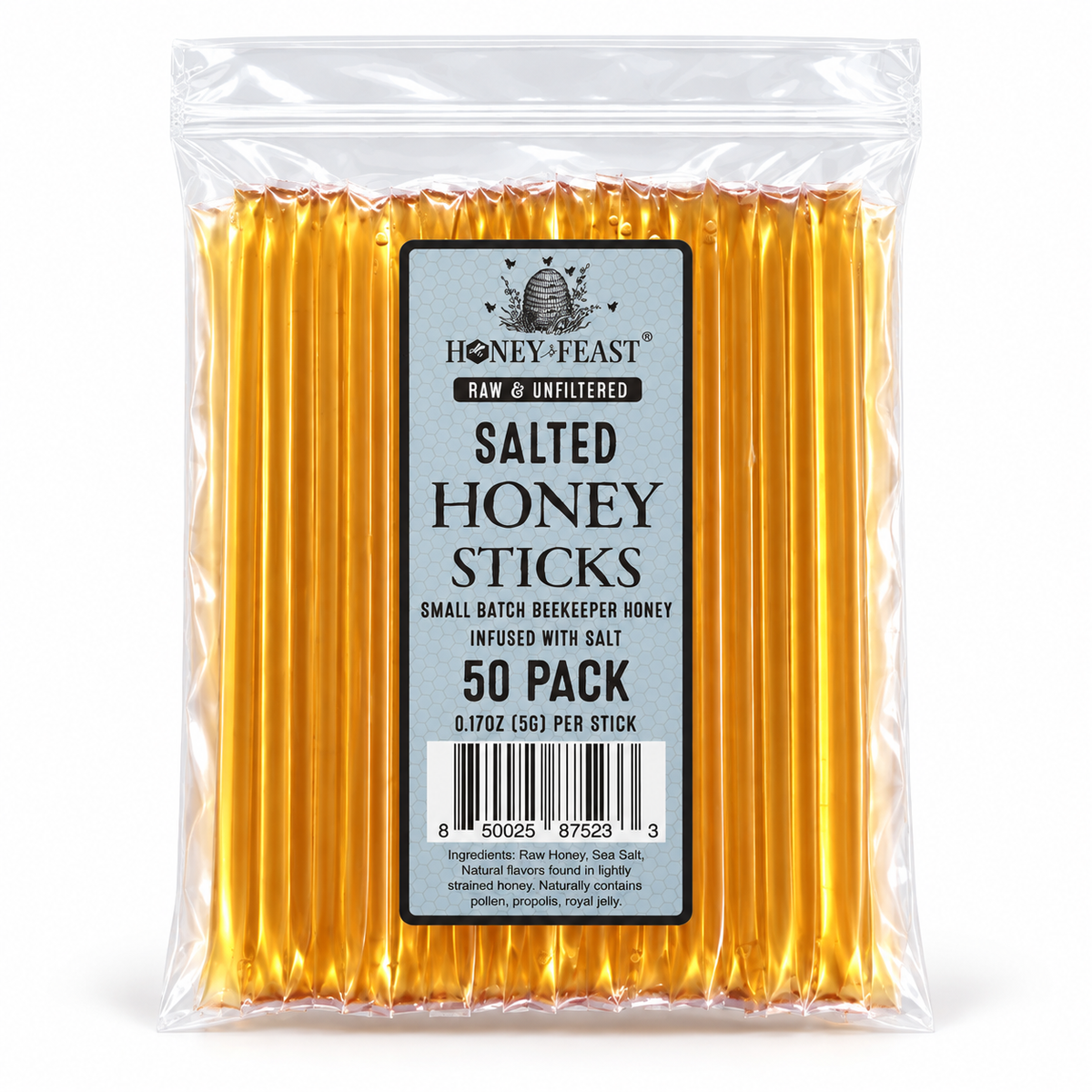 Honey Feast Salted Honey Sticks 50-pack on a pure white background