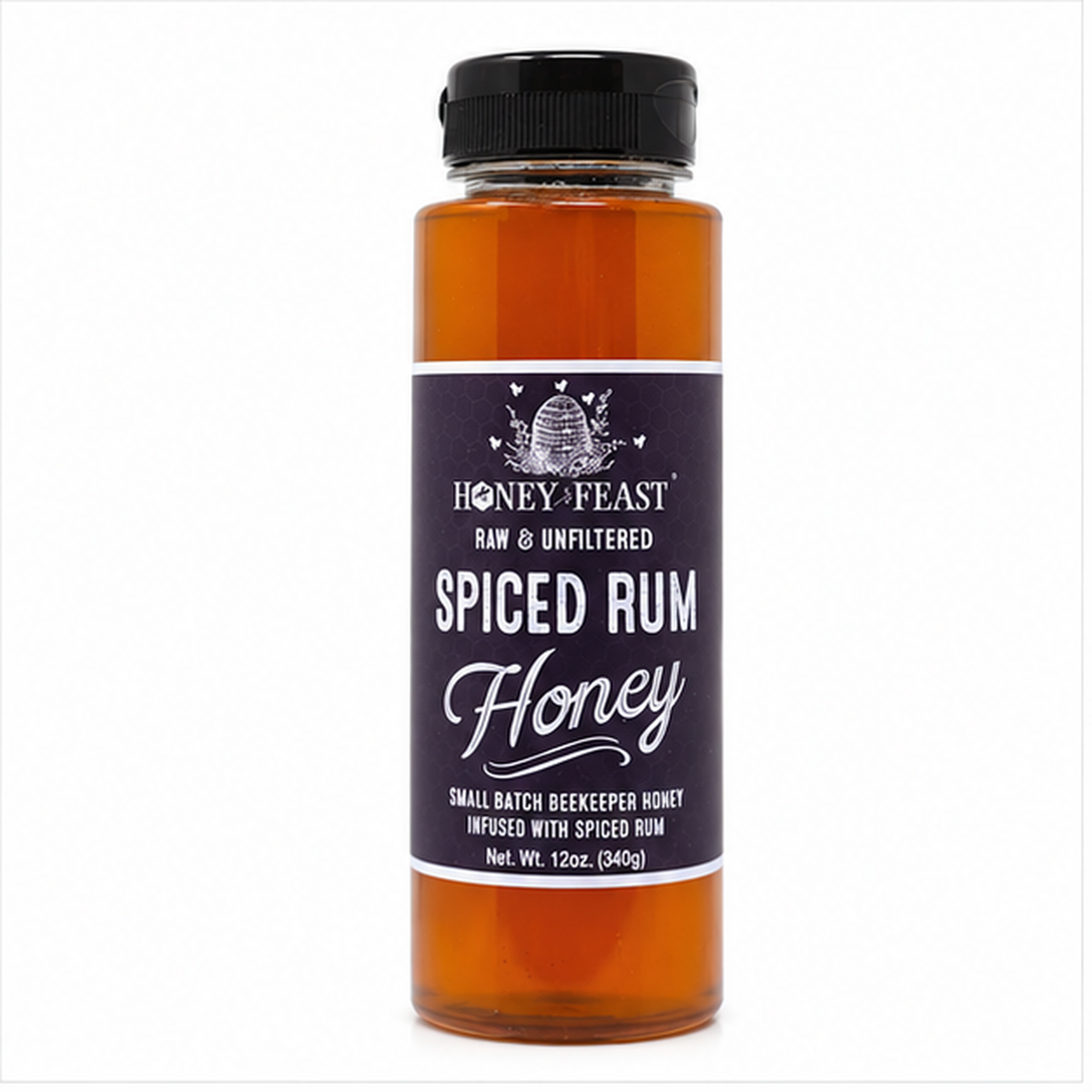 Spiced Rum Honey 12oz plastic squeeze bottle on a pure white background