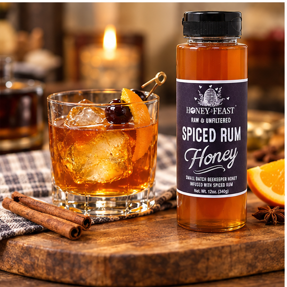 Spiced Rum Honey 12oz plastic bottle in a natural flavor-relevant serving scene