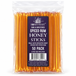 Honey Feast Spiced Rum Honey Sticks 50-pack in a clear labeled bag on a white background