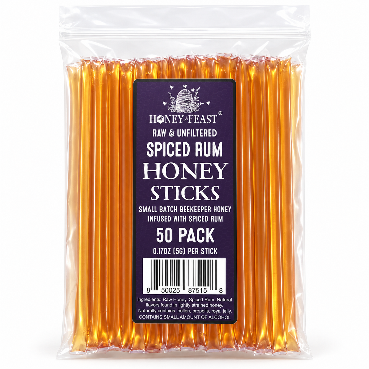 Honey Feast Spiced Rum Honey Sticks 50-pack in a clear labeled bag on a white background