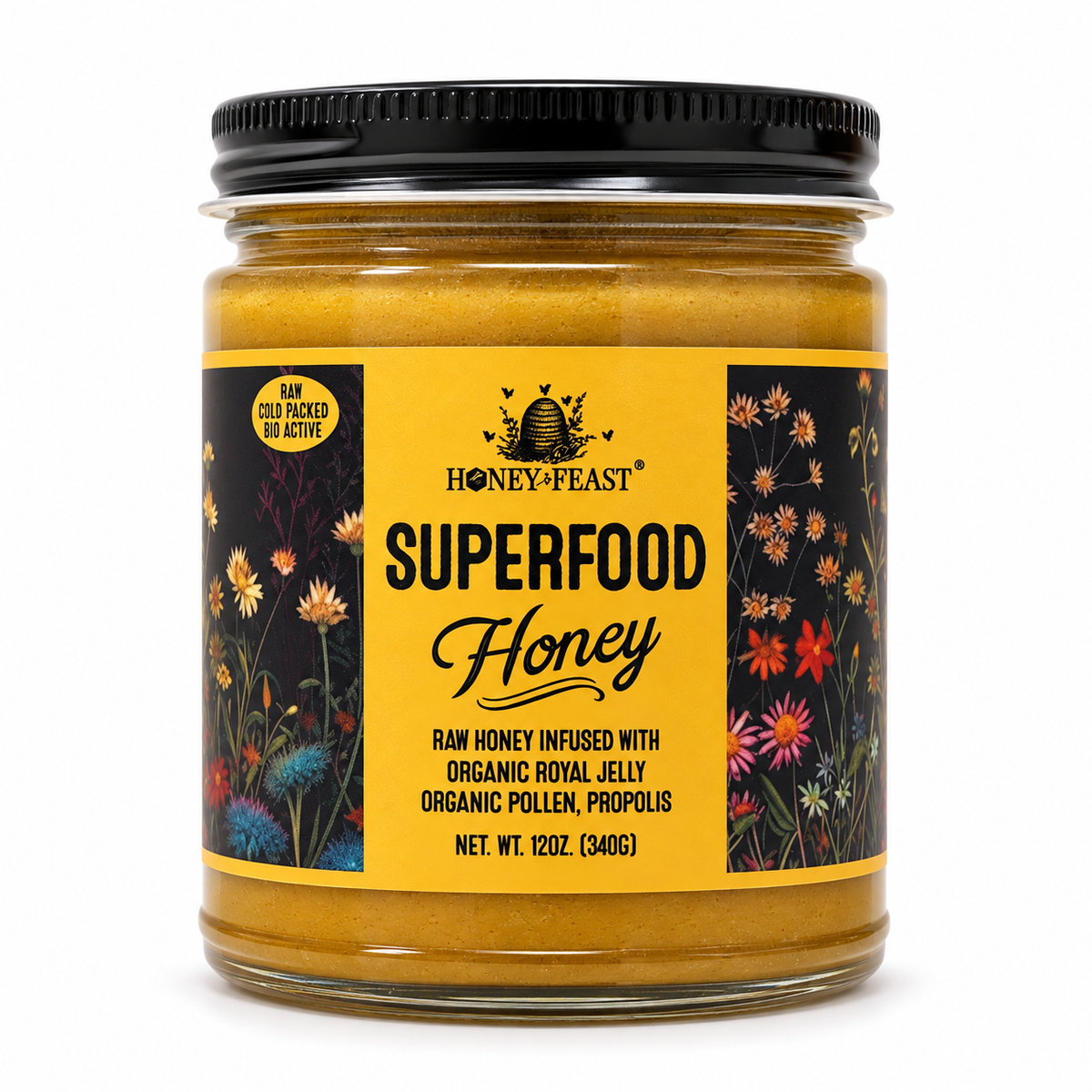 Honey Feast Superfood Honey with royal jelly, bee pollen and propolis in a 12oz glass jar on a white background