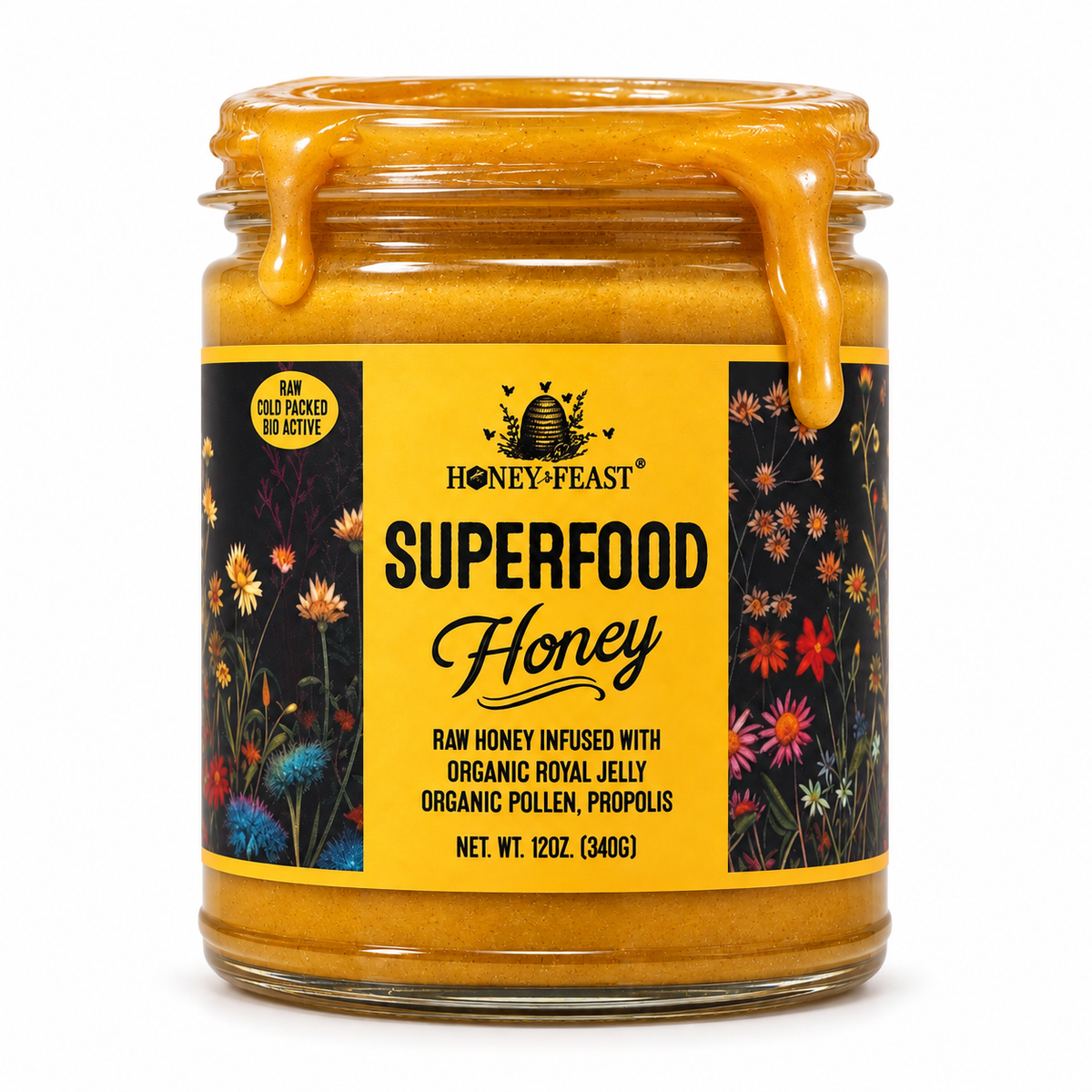 Open 12oz glass jar of Honey Feast Superfood Honey with thick honey flowing over the rim