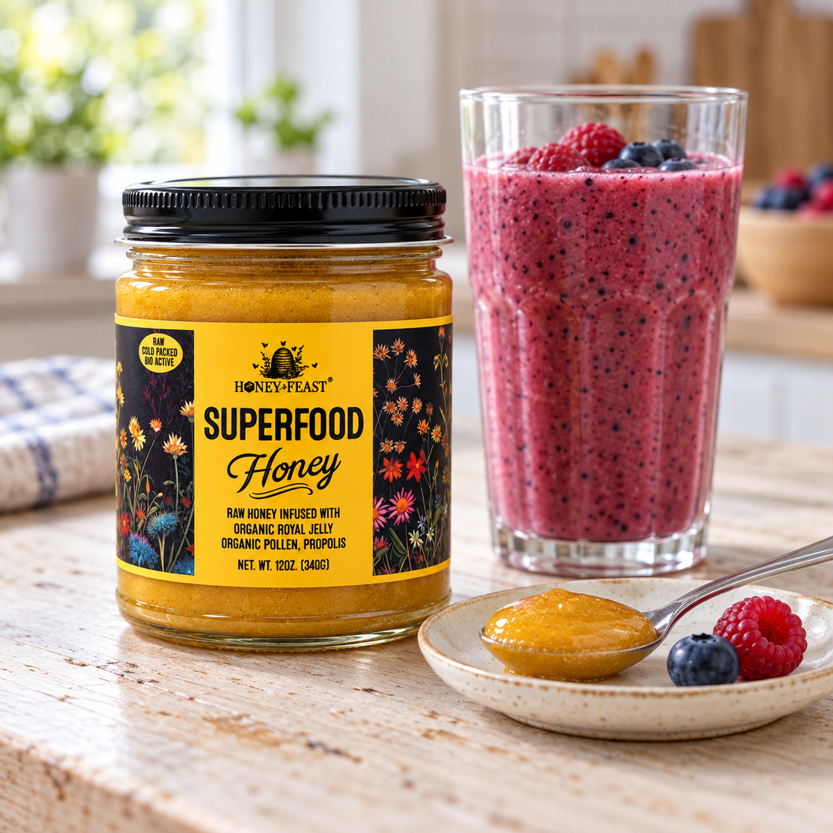Honey Feast Superfood Honey 12oz glass jar beside a berry smoothie and a spoonful of honey