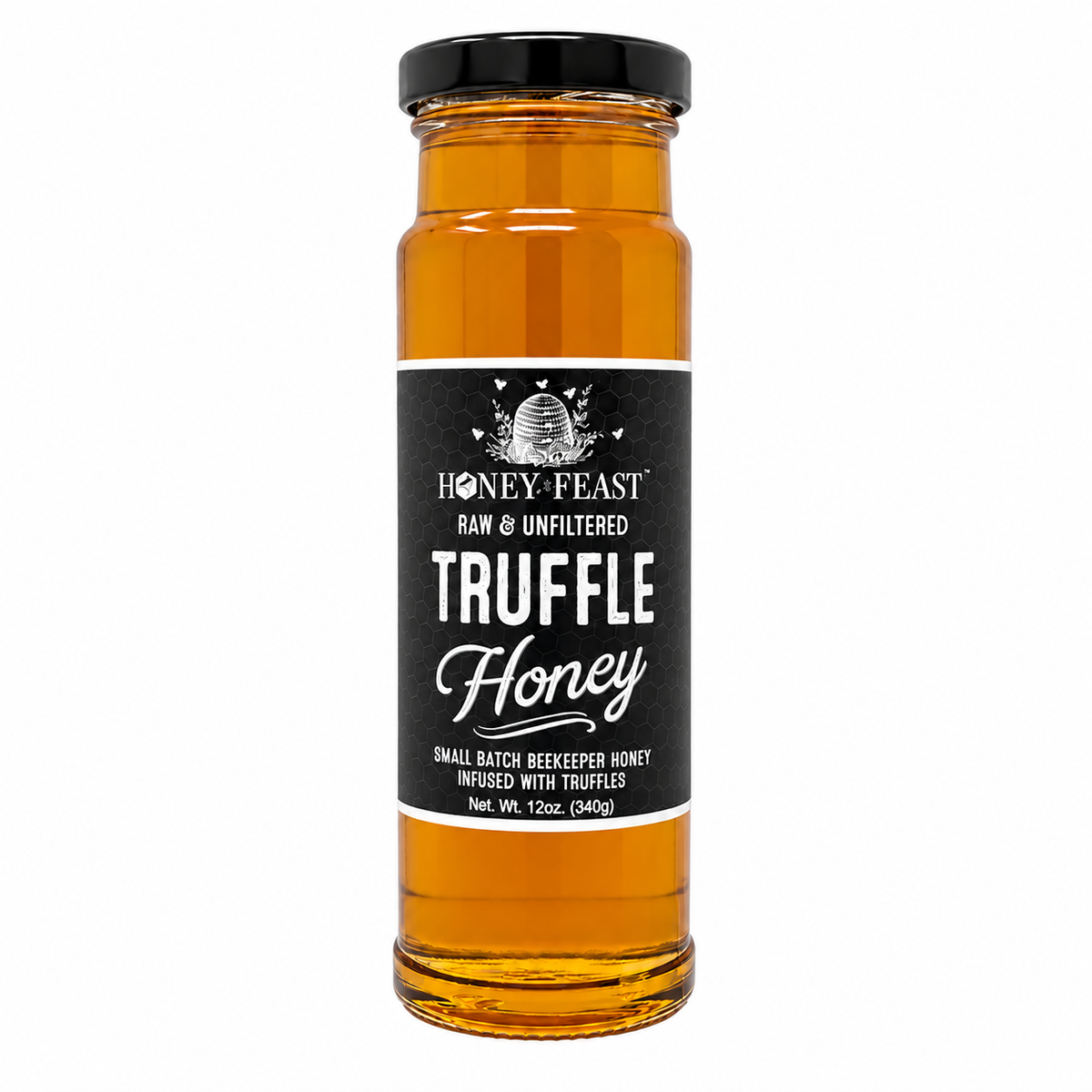 Honey Feast Truffle Honey in a 12oz glass jar with black lid