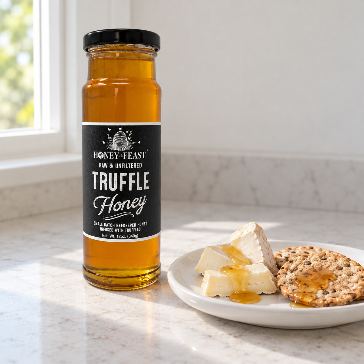 Honey Feast Truffle Honey 12oz glass jar served with a cheese board