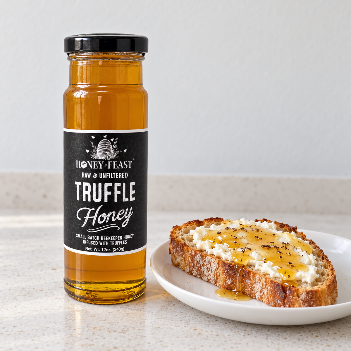 Honey Feast Truffle Honey 12oz glass jar served with toast