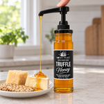 Honey Feast Truffle Honey 12oz glass jar with optional honey pump beside cheese; pump sold separately