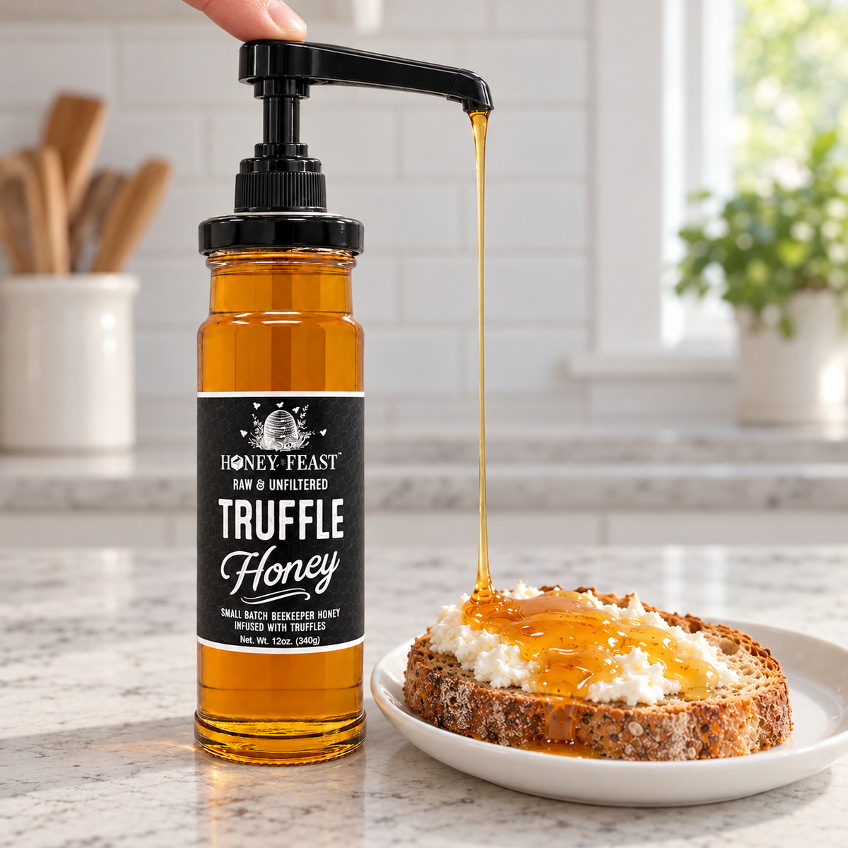 Honey Feast Truffle Honey 12oz glass jar with optional honey pump beside toast; pump sold separately