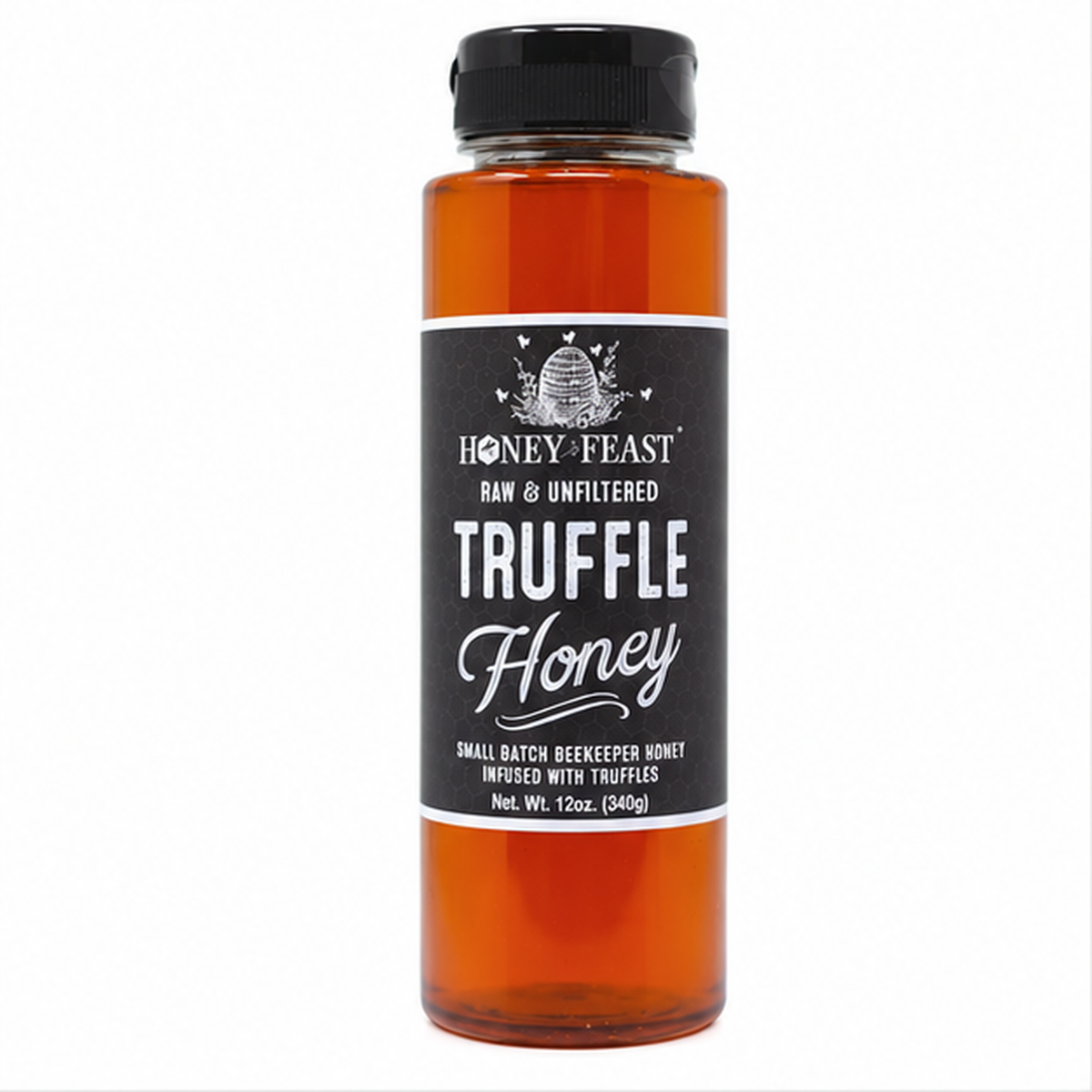 Truffle Honey 12oz plastic squeeze bottle on a pure white background