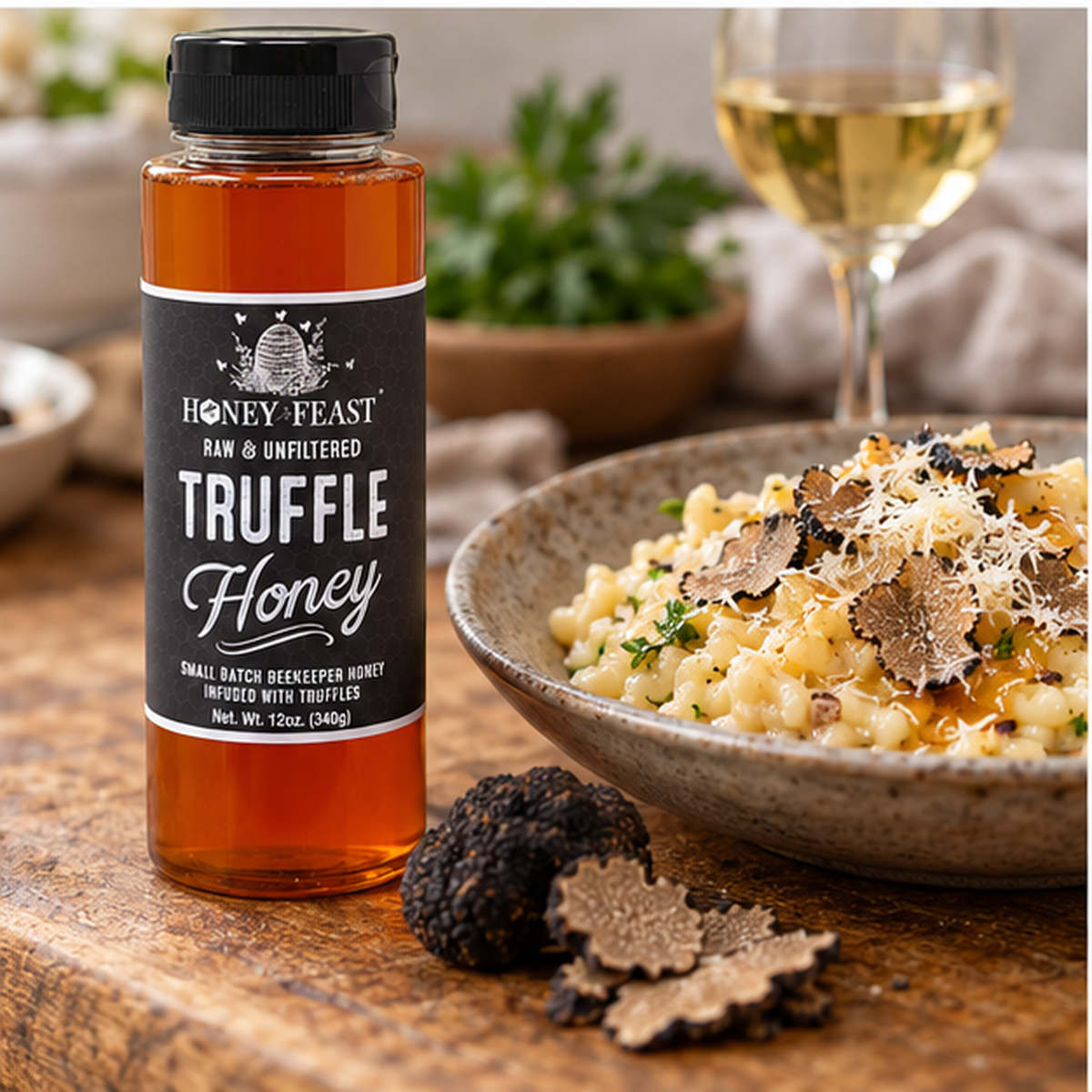 Truffle Honey 12oz plastic bottle in a natural flavor-relevant serving scene