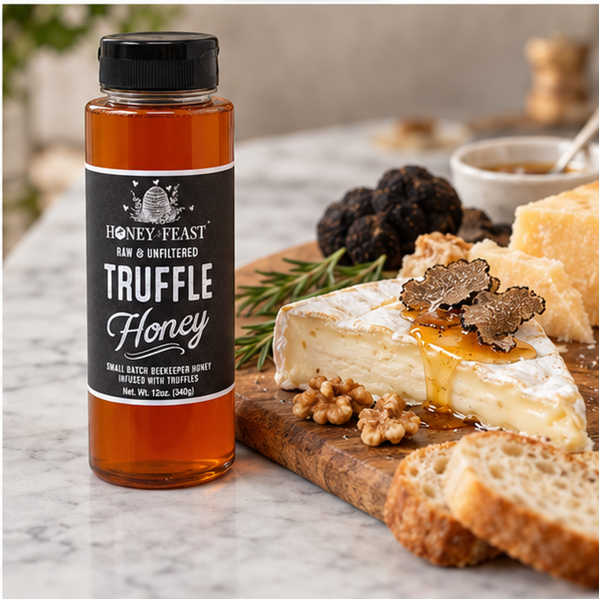 Truffle Honey 12oz plastic bottle in a second natural flavor-relevant serving scene