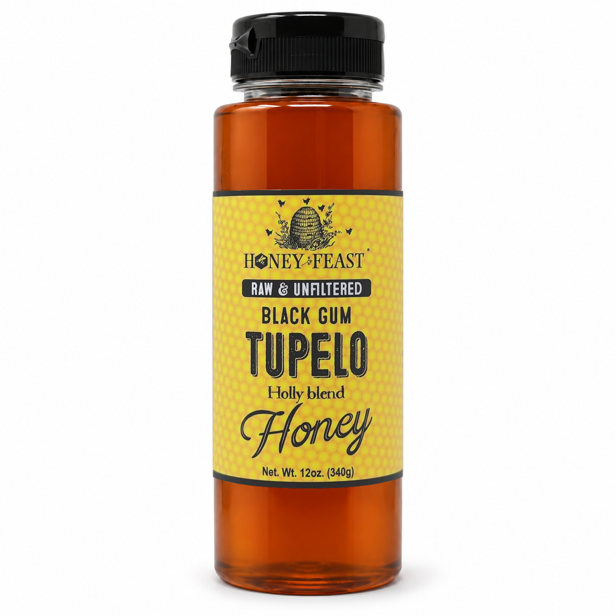 Honey Feast Black Gum Tupelo Holly Blend Honey in a 12oz plastic squeeze bottle with its original yellow label, on a white background