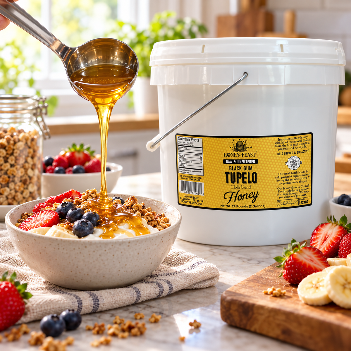Honey Feast Black Gum Tupelo Honey 2-gallon bucket beside a breakfast bowl with fruit and granola, with honey poured from a stainless steel ladle.