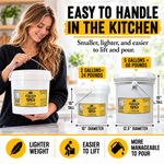 Honey Feast Black Gum Tupelo 2-gallon bucket handling infographic comparing 24 pounds of honey in a 10-inch-tall bucket with 60 pounds in a 15-inch-tall 5-gallon bucket.