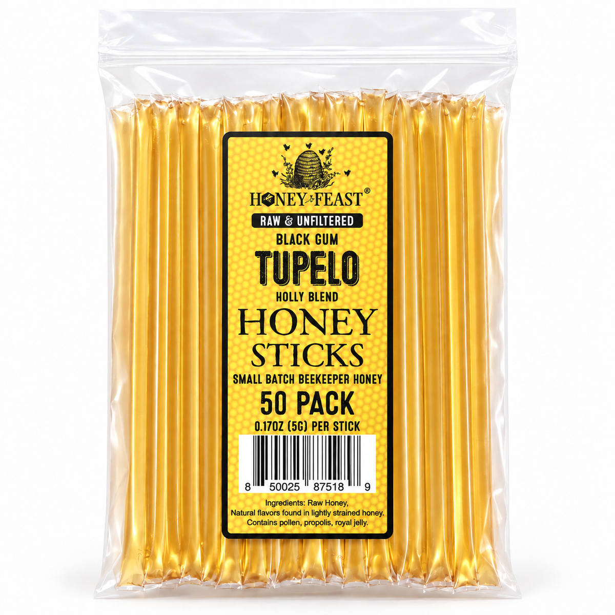 Honey Feast Black Gum Tupelo Honey Sticks 50-pack in a clear resealable bag on a white background